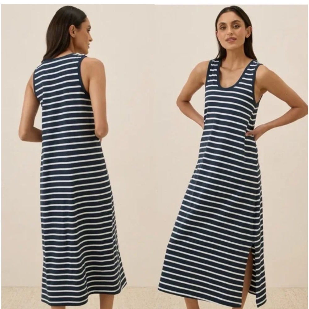 Pact organic cotton navy/white stripes Softspun nautical coastal tank midi dress